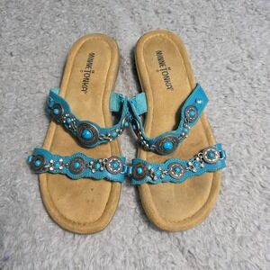 Minnetonka Slide Sandals Turquoise Leather Concho Embellished Womens 5 Excellent